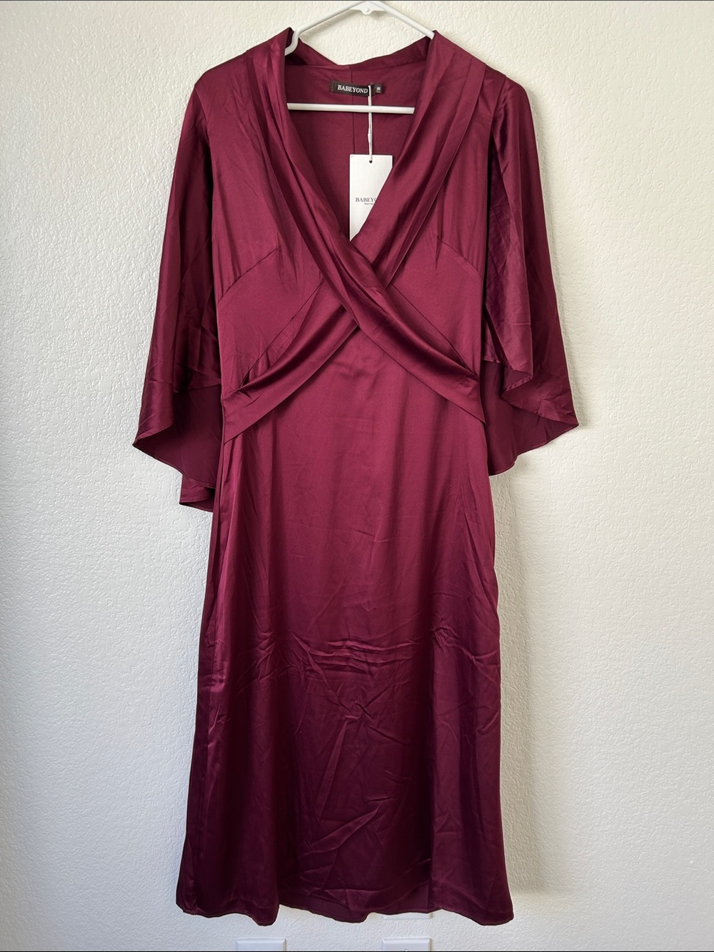 Babeyond Burgundy Wrap Midi Dress with Draped Kimono Sleeves